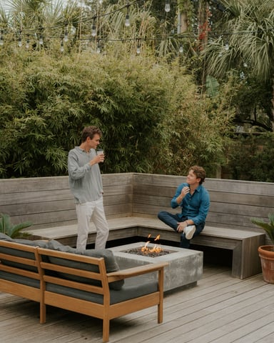 Two people talking around a fire pit on a deck with string lights